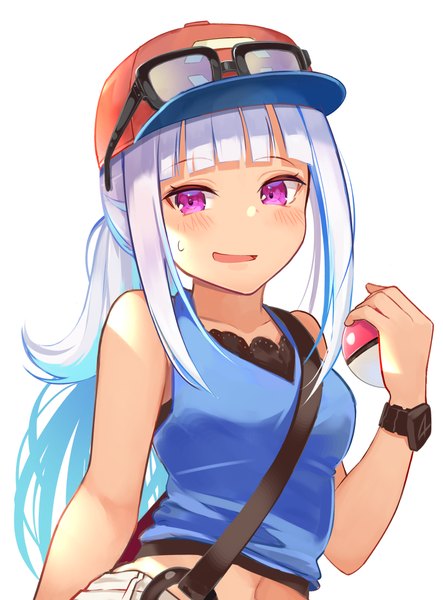Anime picture 800x1082 with pokemon virtual youtuber nintendo nijisanji lize helesta brat single long hair tall image looking at viewer blush fringe open mouth simple background white background purple eyes bare shoulders holding blue hair white hair