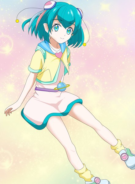Anime picture 800x1088 with precure star twinkle precure toei animation hagoromo lala mistonn single tall image looking at viewer fringe short hair simple background smile hair between eyes aqua eyes aqua hair symbol-shaped pupils magical girl girl hair ornament socks
