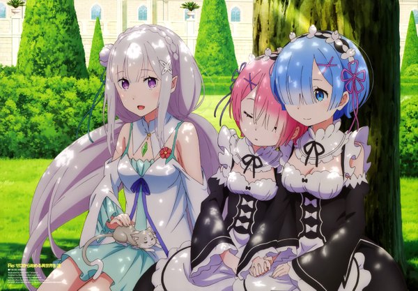 Anime picture 5870x4081 with re:zero kara hajimeru isekai seikatsu white fox rem (re:zero) emilia (re:zero) ram (re:zero) puck (re:zero) tanaka kazuma long hair blush fringe highres short hair open mouth blue eyes purple eyes multiple girls blue hair pink hair absurdres white hair