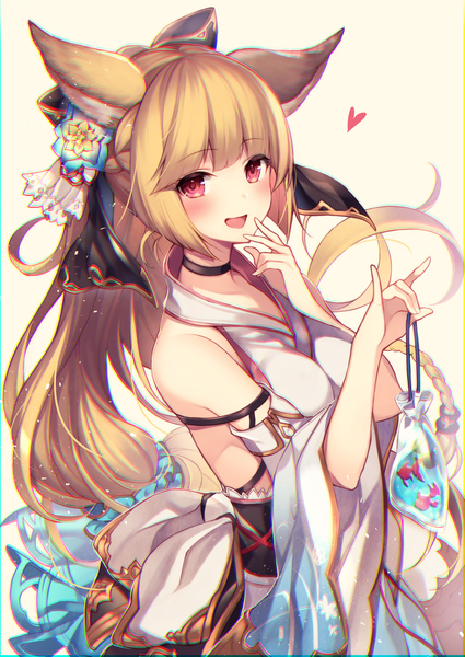 Anime picture 1000x1412 with granblue fantasy yuisis (granblue fantasy) homaderi single long hair tall image looking at viewer blush fringe open mouth simple background smile red eyes brown hair standing bare shoulders holding animal ears blunt bangs traditional clothes