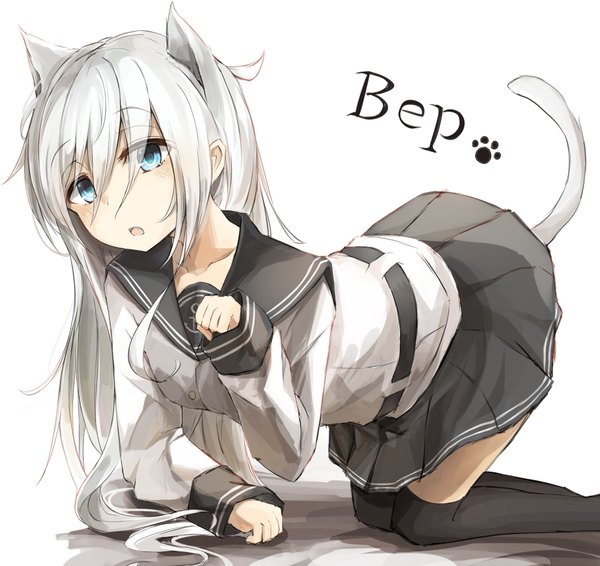 Anime picture 1100x1038 with kantai collection hibiki destroyer verniy destroyer miyabino (miyabi1616) single long hair blush fringe open mouth blue eyes simple background hair between eyes white background animal ears silver hair tail long sleeves animal tail pleated skirt cat ears