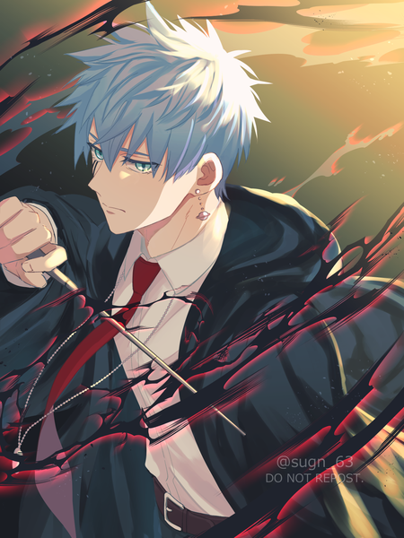 Anime picture 1192x1591 with mashle a-1 pictures lance crown sogen ichi wa single tall image fringe short hair blue eyes hair between eyes signed blue hair upper body twitter username magic boy earrings shirt necktie white shirt