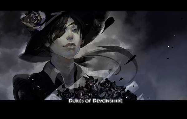Anime picture 2000x1276 with coffeefox33 (pixiv) highres blue eyes black hair lips letterboxed boy hat earrings rose (roses) eyepatch suit bouquet