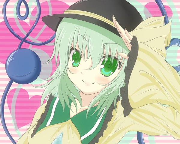 Anime picture 2000x1600 with touhou komeiji koishi akane miu highres short hair smile green eyes green hair salute girl hat heart