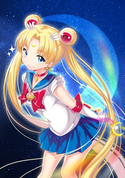 Anime picture 2480x3508 with bishoujo senshi sailor moon toei animation tsukino usagi sailor moon kikimi single long hair tall image looking at viewer highres blue eyes blonde hair smile twintails very long hair girl hair ornament earrings choker bowtie