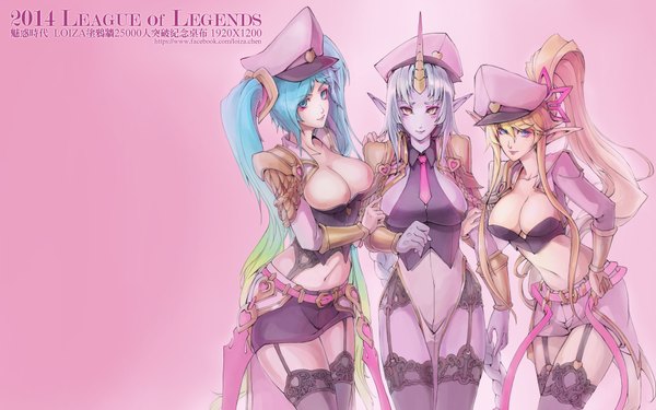 Anime picture 1920x1200 with league of legends sona buvelle janna windforce soraka (league of legends) loiza long hair looking at viewer blush highres breasts blue eyes light erotic simple background blonde hair large breasts twintails multiple girls yellow eyes silver hair ponytail