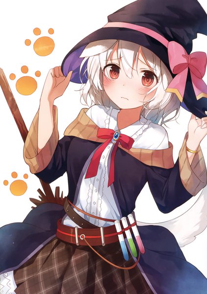 Anime picture 2394x3405 with original yon (letter) single tall image blush highres short hair red eyes white background animal ears white hair tail animal tail scan witch girl dress bow hat witch hat