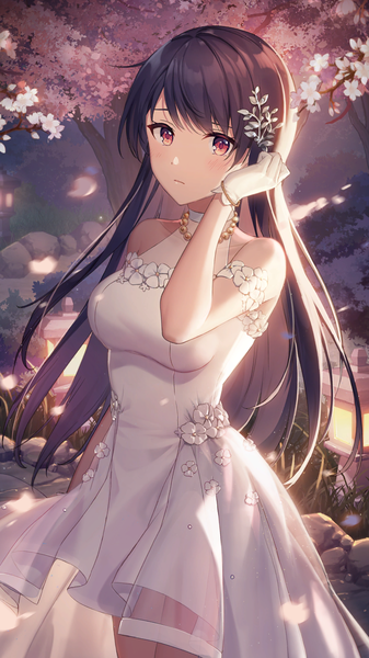 Anime picture 1080x1920 with girl cafe gun shi wuxia single long hair tall image looking at viewer blush fringe breasts black hair red eyes standing bare shoulders outdoors arm up official art cherry blossoms girl dress gloves