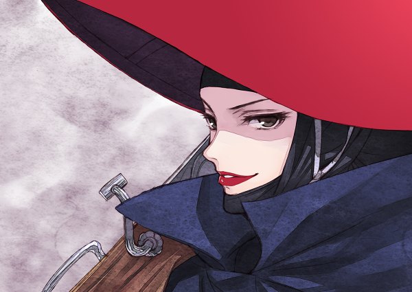 Anime picture 1200x850 with mononoke hime studio ghibli eboshi matsuryuu single looking at viewer grey eyes lipstick portrait red lipstick girl weapon hat gun