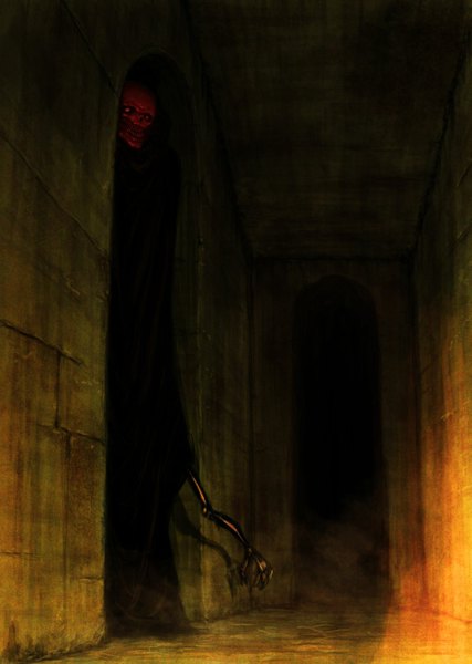 Anime picture 1139x1600 with original guru tall image glowing dark background glowing eye (eyes) surreal creepy cloak skull monster hallway