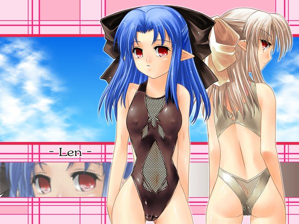 Anime picture 1024x768 with shingetsutan tsukihime melty blood type-moon len (tsukihime) white len ayato light erotic red eyes blue hair white hair pointy ears wallpaper erect nipples covered nipples flat chest cameltoe swimsuit
