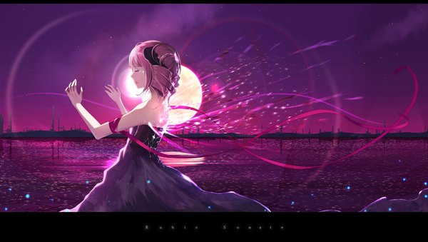 Anime picture 1453x823 with original jname single short hair wide image bare shoulders pink hair sky eyes closed letterboxed fantasy girl dress ribbon (ribbons) water moon star (stars) full moon