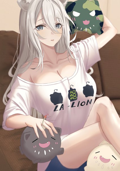 Anime picture 1191x1684 with virtual youtuber hololive shishiro botan ssrb (shishiro botan) shishiro botan (4th costume) haro art single long hair tall image looking at viewer fringe breasts light erotic hair between eyes large breasts sitting animal ears cleavage white hair grey eyes