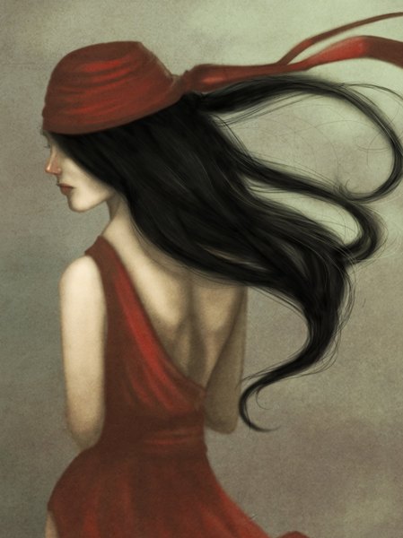 Anime picture 1024x1368 with sparkyyy (artist) single long hair tall image black hair simple background lips from behind grey background back face girl dress ribbon (ribbons) hat red dress