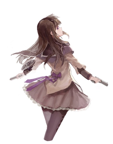 Anime picture 926x1182 with mahou shoujo madoka magica shaft (studio) akemi homura cielwings single long hair tall image black hair simple background white background purple eyes profile looking back spread arms girl skirt uniform bow ribbon (ribbons) weapon