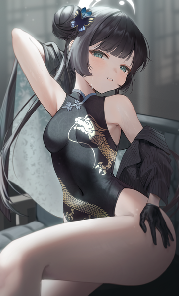 Anime picture 1400x2319 with blue archive kisaki (blue archive) meraring single long hair tall image looking at viewer fringe breasts light erotic black hair twintails bare shoulders blunt bangs traditional clothes arm up aqua eyes hair bun (hair buns) covered navel chinese clothes