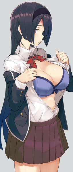 Anime picture 428x1011 with original sukebewe single long hair tall image blush breasts light erotic black hair simple background smile purple eyes full body profile grey background open shirt huge breasts undressing girl uniform