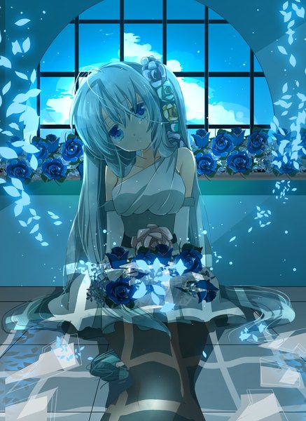 Аниме картинка 1275x1750 с вокалоид хацунэ мику marirero a один (одна) длинные волосы высокое изображение смотрит на зрителя голубые глаза два хвостика синие волосы девушка платье цветок (цветы) окно голубая роза