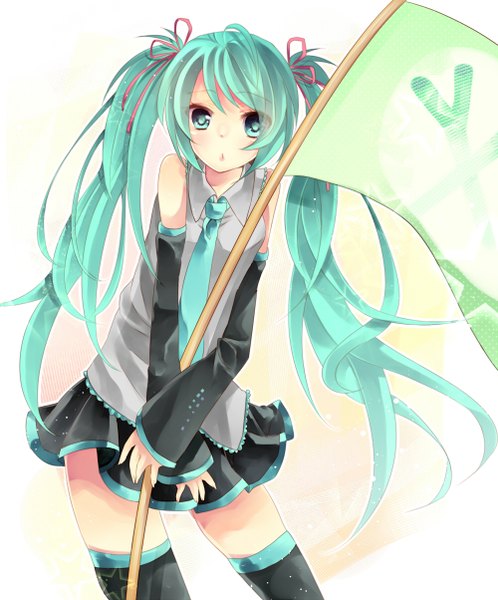 イラスト 1000x1204 と ボーカロイド 初音ミク ささきち ソロ 長身像 カメラ目線 赤面 前髪 simple background 白背景 long sleeves very long hair aqua eyes from above aqua hair 女の子 ストッキング スカート リボン 黒ストッキング