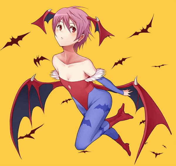 Anime picture 800x757 with vampire / darkstalkers (game) capcom lilith aensland purea single blush short hair breasts simple background red eyes bare shoulders pink hair high heels flat chest flying yellow background demon wings head wings girl animal