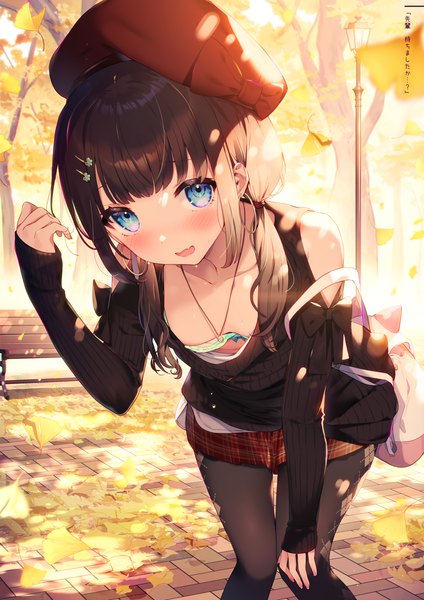 Anime picture 2496x3529 with original kat (bu-kunn) single long hair tall image looking at viewer blush fringe highres breasts open mouth blue eyes light erotic black hair smile standing twintails bare shoulders outdoors blunt bangs