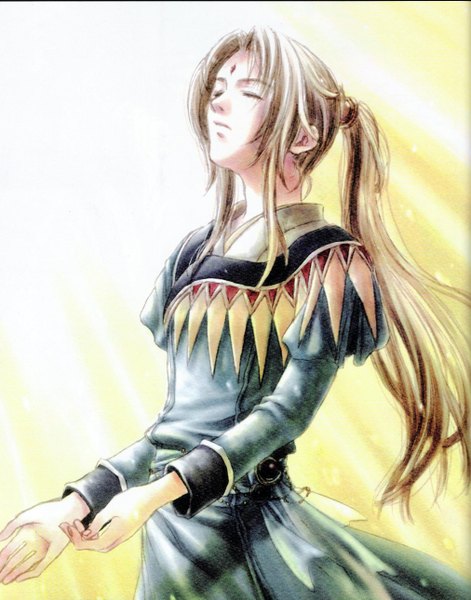 Anime picture 2023x2579 with aa megami-sama anime international company belldandy fujishima kousuke long hair tall image blush fringe highres brown hair ponytail eyes closed traditional clothes japanese clothes lips scan facial mark spread arms forehead mark cropped