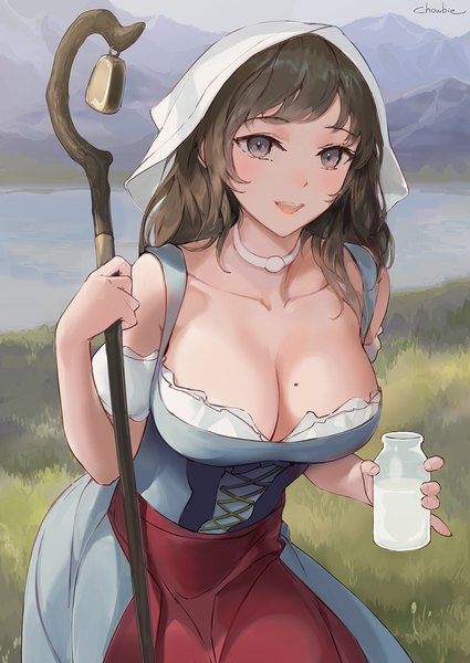 Anime picture 1000x1412 with original chowbie single long hair tall image looking at viewer fringe breasts open mouth light erotic brown hair large breasts standing holding signed cleavage outdoors :d off shoulder mole