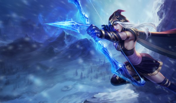 Anime picture 1215x717 with league of legends ashe (league of legends) single long hair blue eyes wide image looking away white hair wind snowing winter snow mountain girl dress bow weapon hood blue dress bow (weapon)