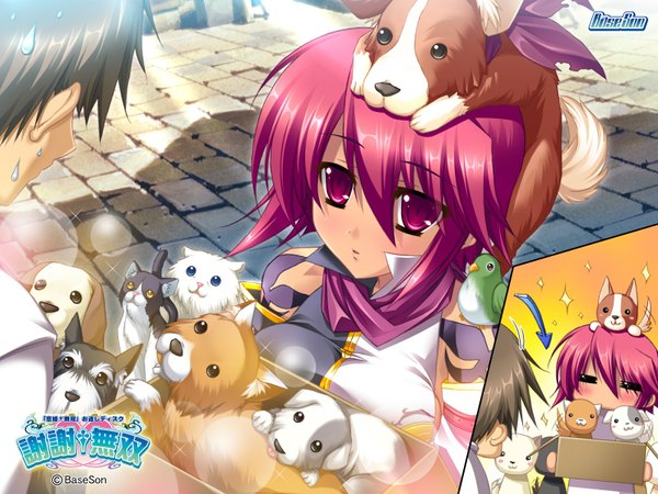 Anime picture 1600x1200 with koihime musou doga kobo ryofu blush red hair animal bird (birds) dog