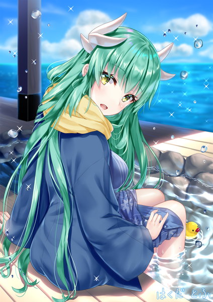 Anime picture 848x1200 with fate (series) fate/grand order kiyohime (fate) hakuda tofu single long hair tall image looking at viewer blush fringe breasts open mouth hair between eyes sitting yellow eyes sky cloud (clouds) outdoors traditional clothes head tilt