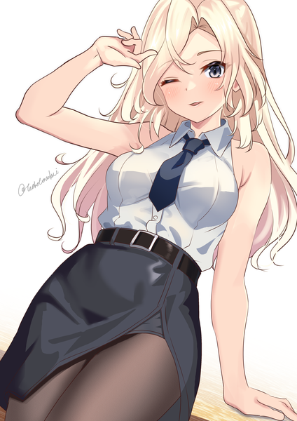 Anime picture 2894x4093 with kantai collection hornet (kantai collection) toketa-sekai single long hair tall image highres simple background blonde hair white background signed one eye closed arm up arm support grey eyes sleeveless twitter username side slit girl skirt