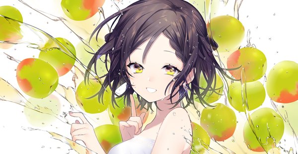 Anime picture 4822x2507 with original sogawa single looking at viewer blush fringe highres short hair breasts black hair simple background smile wide image white background yellow eyes absurdres upper body braid (braids) nail polish mole