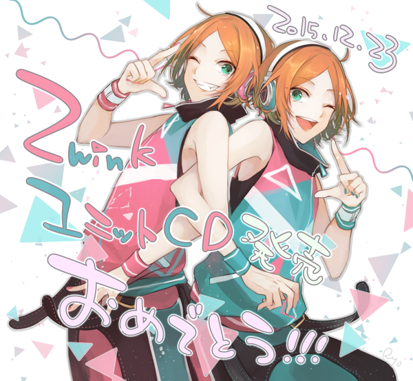 Anime picture 800x738 with ensemble stars! aoi hinata aoi yuuta ryou (kaleidoscope) looking at viewer short hair open mouth nail polish one eye closed aqua eyes wink orange hair multiple boys text dated siblings twins brothers locked arms boy