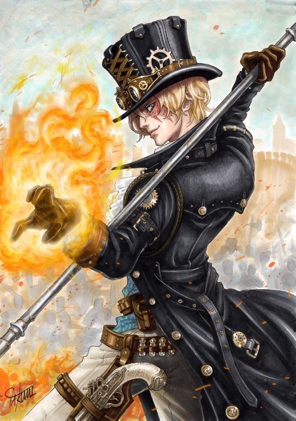 Anime picture 3011x4277 with one piece toei animation sabo (one piece) marlboro (artist) single tall image looking at viewer highres short hair blue eyes blonde hair holding signed absurdres long sleeves profile magic scar steam punk boy