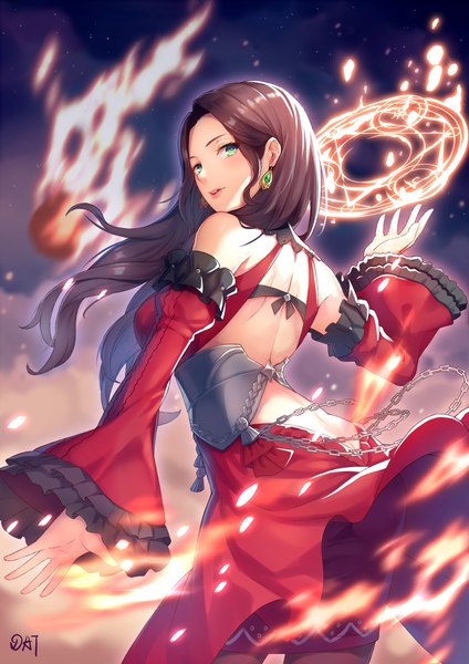 Anime picture 2480x3507 with fire emblem fire emblem: three houses nintendo dorothea arnault da-cart single long hair tall image looking at viewer blush fringe highres light erotic brown hair standing green eyes signed looking back from behind wide sleeves