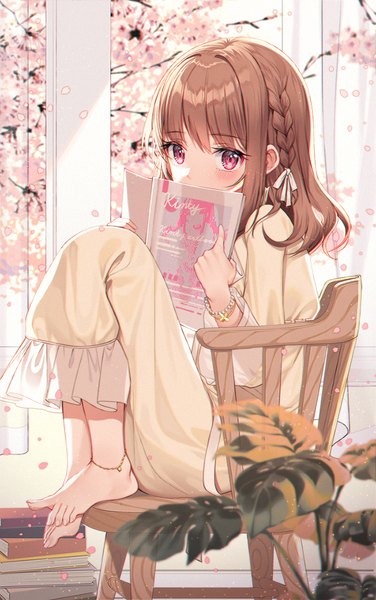 Anime-Bild 700x1117 mit original kinty single long hair tall image looking at viewer blush fringe brown hair sitting holding signed indoors blunt bangs braid (braids) pink eyes barefoot cherry blossoms side braid covered mouth