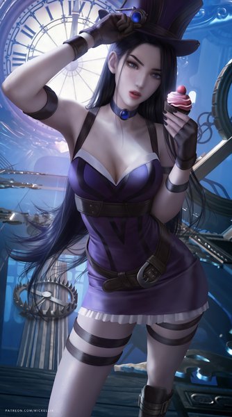 Anime picture 3900x7000 with arcane: league of legends league of legends caitlyn (league of legends) wickellia single long hair tall image highres breasts blue eyes light erotic large breasts standing looking away absurdres cleavage indoors nail polish parted lips fingernails