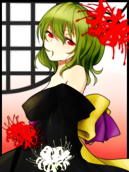 Anime picture 1200x1600 with touhou kazami yuuka shironeko yuuki single tall image looking at viewer short hair red eyes bare shoulders traditional clothes japanese clothes green hair girl flower (flowers) kimono higanbana