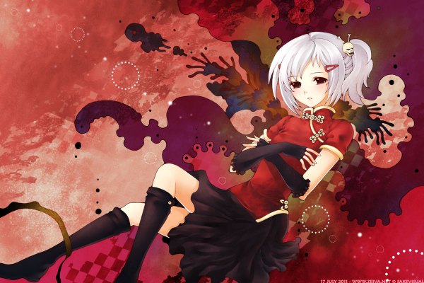 Anime picture 1200x800 with zeiva (artist) single red eyes white hair ponytail chinese clothes crossed arms red background girl hair ornament socks hairclip fingerless gloves black socks skull