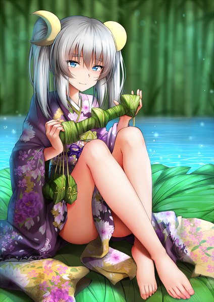 Anime picture 744x1052 with original ginhaha single long hair tall image looking at viewer blue eyes light erotic twintails silver hair full body traditional clothes japanese clothes bare legs crossed legs eyebrows bamboo forest girl hair ornament plant (plants)