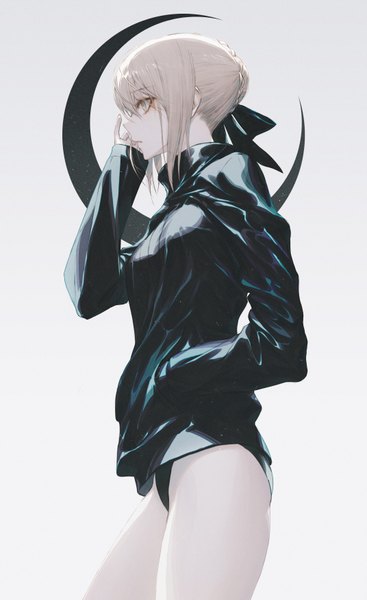 Anime picture 536x875 with fate (series) fate/grand order fate/stay night artoria pendragon (all) saber alter wanke single tall image fringe short hair breasts light erotic blonde hair simple background hair between eyes yellow eyes payot looking away braid (braids) profile