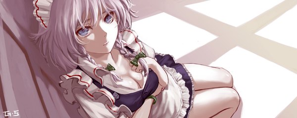 Anime picture 2000x800 with touhou izayoi sakuya as109 single highres short hair breasts blue eyes light erotic wide image cleavage silver hair braid (braids) maid girl skirt hair ornament bow hair bow bracelet