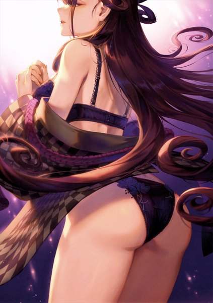 Anime picture 4921x6987 with fate (series) fate/grand order murasaki shikibu (fate) mashuu (neko no oyashiro) single long hair tall image fringe highres breasts open mouth light erotic simple background hair between eyes brown hair large breasts standing payot absurdres ass