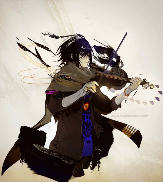 Anime picture 1792x1997 with original celestialvalkyrie single tall image highres black hair purple eyes playing instrument music boy bracelet heart scarf ring musical instrument violin bow (instrument)