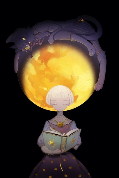 Anime picture 751x1121 with original maruco tall image short hair animal ears yellow eyes white hair tail lying eyes closed animal tail cat ears cat tail black background reading girl dress animal pendant book (books)