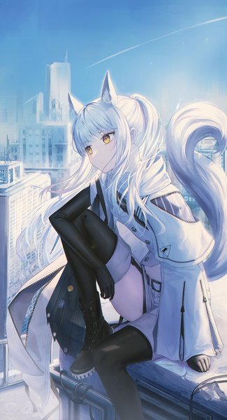 Anime picture 2772x5124 with arknights platinum (arknights) flippy (cripine111) single long hair tall image fringe highres sitting animal ears yellow eyes looking away silver hair outdoors ponytail tail blunt bangs animal tail horse ears horse tail