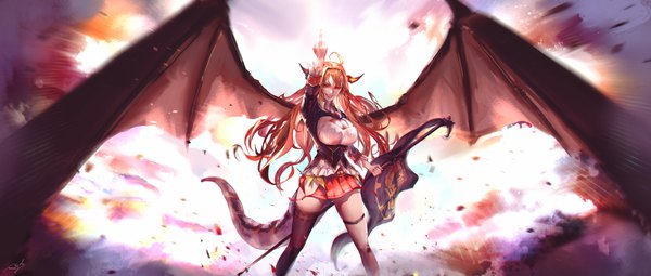 Anime-Bild 7500x3191 mit virtual youtuber hololive kiryuu coco hyde (tabakko) single long hair looking at viewer highres smile red eyes wide image standing holding absurdres ahoge tail arm up horn (horns) blurry orange hair