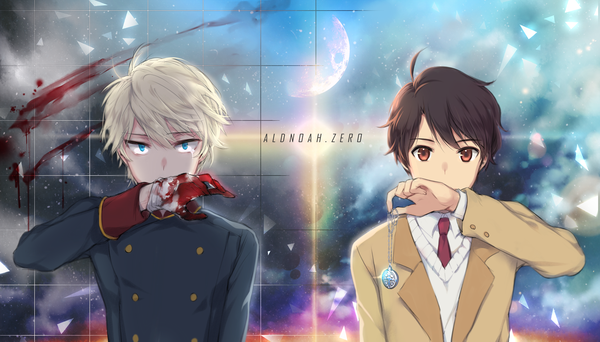 Anime picture 2000x1143 with aldnoah.zero a-1 pictures slaine troyard kaizuka inaho bittersweet (dalcoms) looking at viewer fringe highres short hair blue eyes blonde hair hair between eyes brown hair wide image holding brown eyes cloud (clouds) ahoge upper body night