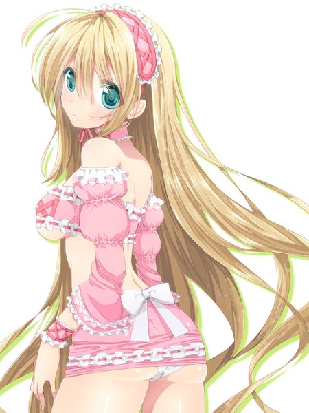 Anime picture 1000x1333 with original hattori (junoct2000) long hair tall image breasts light erotic simple background blonde hair white background green eyes looking back pantyshot girl underwear panties bow detached sleeves miniskirt