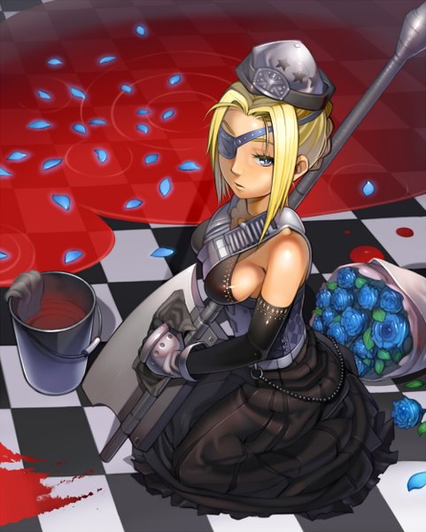 Anime picture 1000x1246 with original kurumayama single tall image looking at viewer short hair light erotic blonde hair sitting girl dress gloves flower (flowers) weapon petals elbow gloves blood eyepatch bouquet blue rose